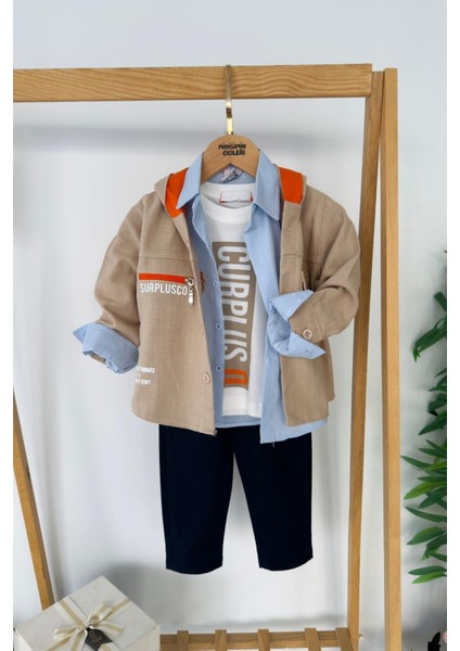 Curplus Baskı Ceketli Tişört ve Kot Pantolonlu Erkek Çocuk 4 Lü takım - Bej modelleri