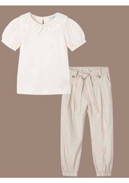 04-10 Yaş Kız Çocuk Mayoral Bej Pantolon Bluz Takım - Bej