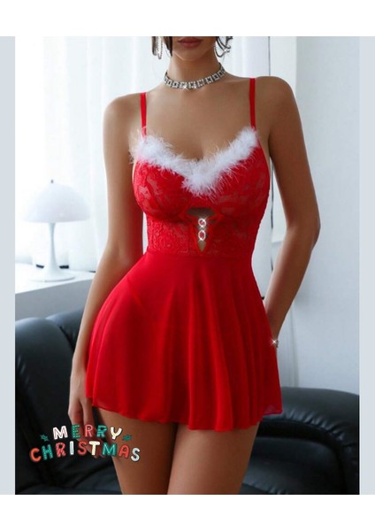 Intive Yılbaşı Koleksiyonu- Kırmızı Beyaz Önü Beyaz Tüy Detaylı Aksesuarlı Mini Gecelik