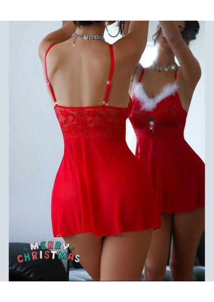 Intive Yılbaşı Koleksiyonu- Kırmızı Beyaz Önü Beyaz Tüy Detaylı Aksesuarlı Mini Gecelik modelleri