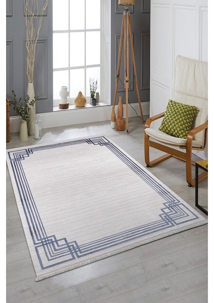 Art Deco 1011 Mavi Çerçeveli Akrilik Modern Yumuşak Dokuma Salon Mutfak Oturma Yatak Odası Halısı