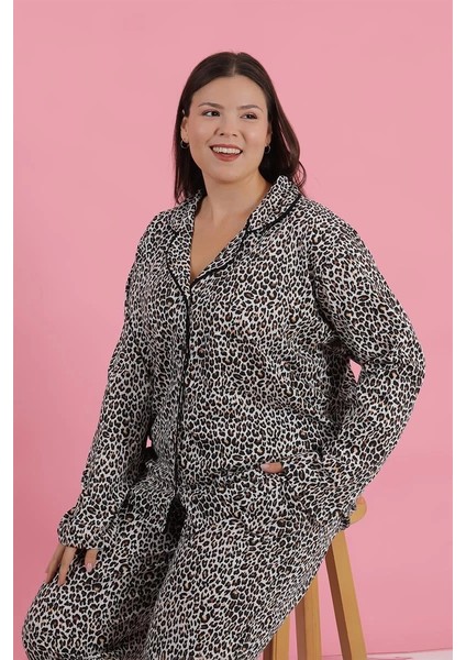 Moda Kadın Büyük Beden Leopar Desenli Düğmeli Pijama Takımı fiyatları