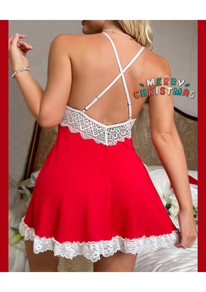 Intive Yılbaşı Koleksiyonu- Kırmızı Beyaz Dantel ve Ponpon Detaylı Mini Gecelik fiyatları