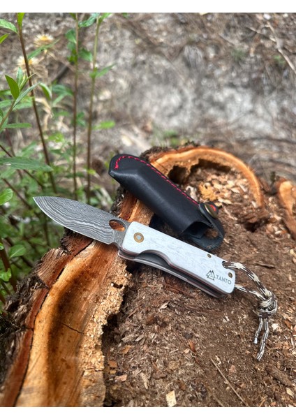 Katlanır Damascus Çakı – Mikarta Sap, Deri Kılıflı, El Yapımı, Özgün Desenli