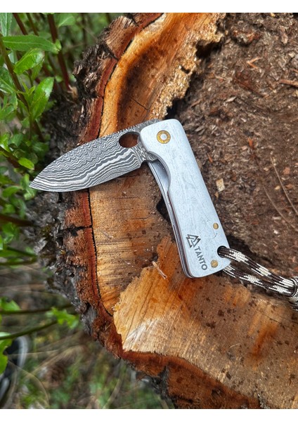 Katlanır Damascus Çakı – Mikarta Sap, Deri Kılıflı, El Yapımı, Özgün Desenli modelleri