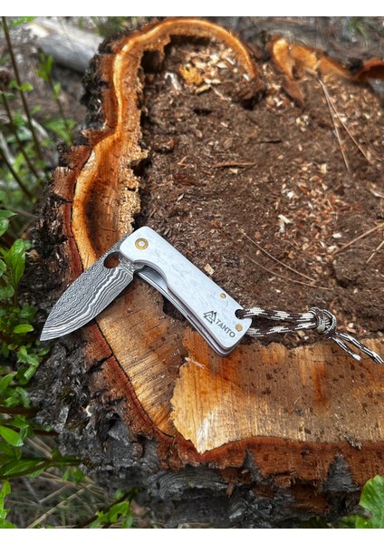 Katlanır Damascus Çakı – Mikarta Sap, Deri Kılıflı, El Yapımı, Özgün Desenli fırsatları