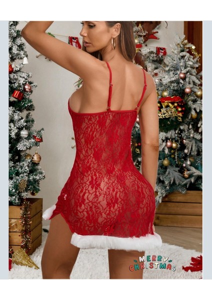 Intive Yılbaşı Koleksiyonu- Kırmızı Beyaz Tüy Detaylı Transparan Dantelli Mini Gecelik fiyatları