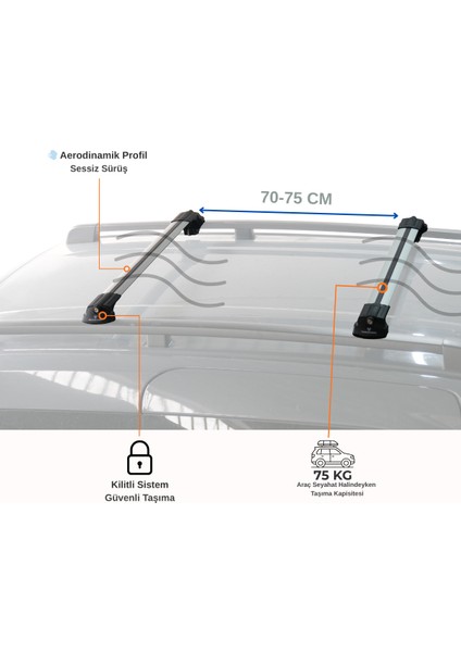Citroen C4 Cactus 2014–2023 Uyumlu Trs-1 Kilitli Sistem Ara Atkı Tavan Barı Gri (2 Adet)