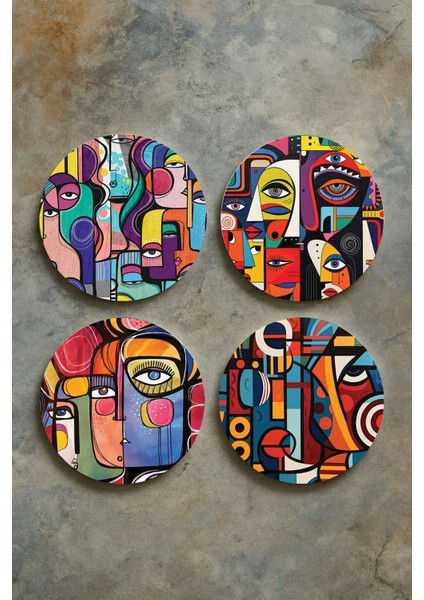 Ev Dekor Oval Pleksi Bardak Altlığı Temalı Desenli 4'lü Set Postmodern