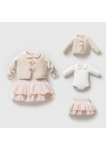 8344N Kız Bebek Triko Etekli Takım Hırkalı 3'lü Naturel Yün Takım