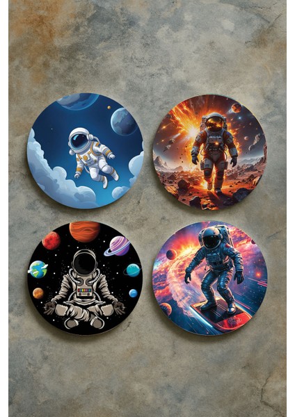 Ev Dekor Oval Pleksi Bardak Altlığı Temalı Desenli 4'lü Set Astronot