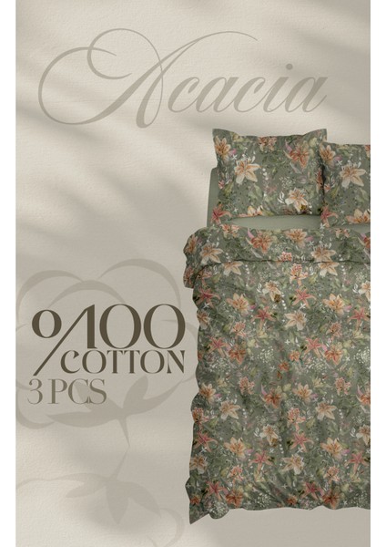 %100 Pamuk Çift Kişilik Nevresim Takımı 200X220 50*70 Yastık Kılıfı - Acacıa Çift Taraflı Baskı