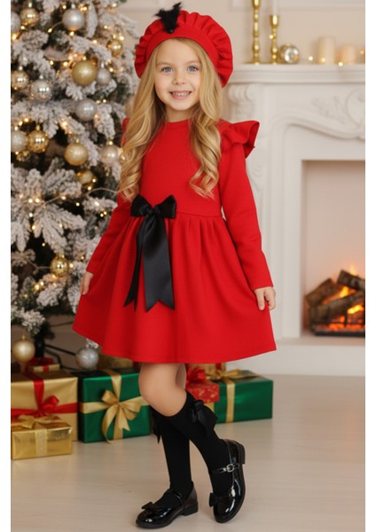 Kız Çocuk Kırmızı Sofia Pamuklu Fiyonk Detaylı Elbise Kep Abiye Takım