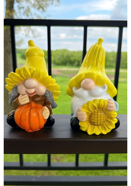 Balkabak - Ayçiçekli Cüce Gnome Biblo El Boyaması 2'li (16CM)
