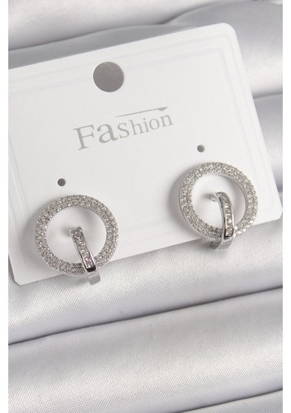 Pirinç Gümüş Renk Zirkon Taşlı Halka Model Kadın Küpe