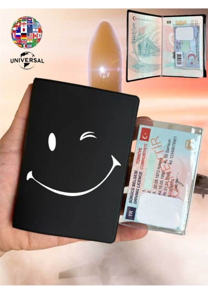 Smile Desenli Pürüzsüz Yüzey Deri Pasaport Kılıfı Kabı Tüm Ülke Pasaportlarına Uygun
