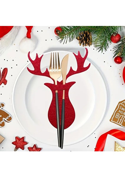 Şanslı Ren Geyiği Yılbaşı Kırmızı Keçe Çatal Bıçak Tutucu, Yılbaşı Masası Dekoru, Şık Sofralar Için.