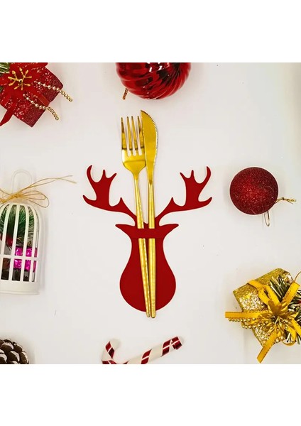 Şanslı Ren Geyiği Yılbaşı Kırmızı Keçe Çatal Bıçak Tutucu, Yılbaşı Masası Dekoru, Şık Sofralar Için. fiyatları