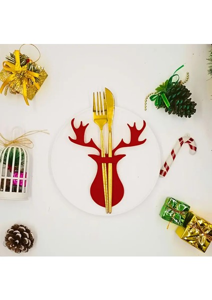 Şanslı Ren Geyiği Yılbaşı Kırmızı Keçe Çatal Bıçak Tutucu, Yılbaşı Masası Dekoru, Şık Sofralar Için. modelleri