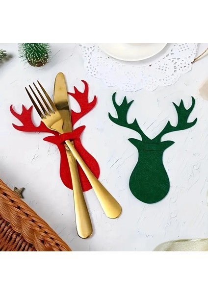 Şanslı Ren Geyiği Yılbaşı Kırmızı Keçe Çatal Bıçak Tutucu, Yılbaşı Masası Dekoru, Şık Sofralar Için. indirimleri