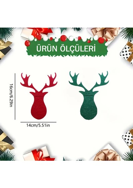 Şanslı Ren Geyiği Yılbaşı Kırmızı Keçe Çatal Bıçak Tutucu, Yılbaşı Masası Dekoru, Şık Sofralar Için.
