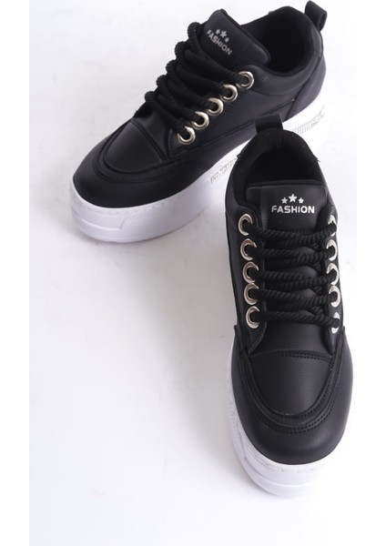 Lunora Premium Yüksek Taban Siyah Beyaz 8 cm Gizli Topuk Kadın Sneaker