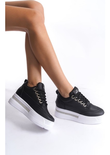 Lunora Premium Yüksek Taban Siyah Beyaz 8 cm Gizli Topuk Kadın Sneaker