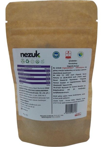 Kurutulmuş Organik Aronya 50G fiyatları