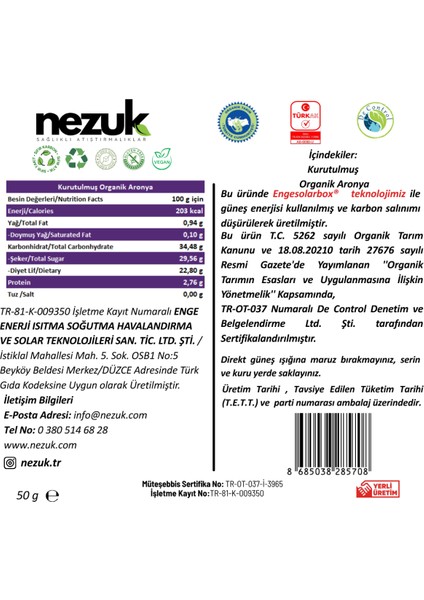 Kurutulmuş Organik Aronya 50G fırsatları