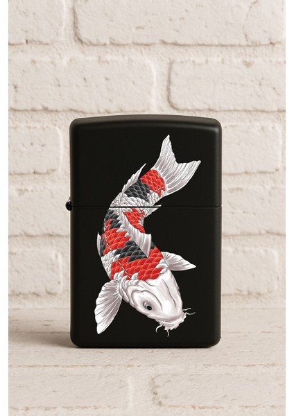 Uv Baskılı Desenli Metal Benzinli Siyah Çakmak Cep Çakmağı - Koi