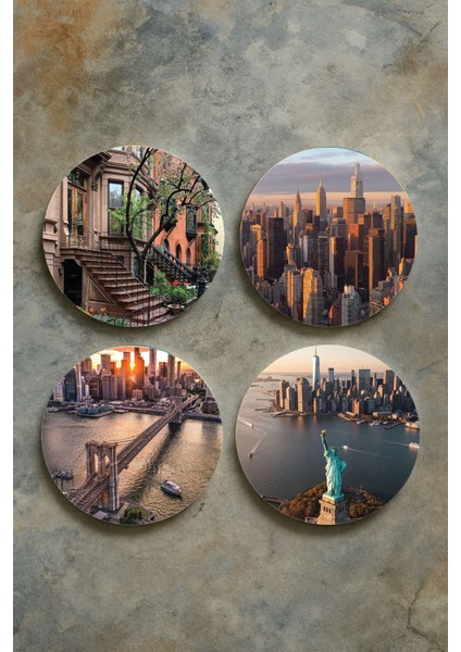 Ev Dekor Oval Pleksi Bardak Altlığı Temalı Desenli 4'lü Set Nyc