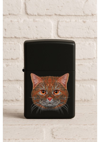 Uv Baskılı Desenli Metal Benzinli Siyah Çakmak Cep Çakmağı - Turuncu Kedi
