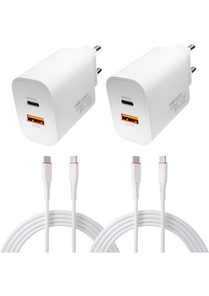 20W Çift Portlu Usb-C + Usb-A Hızlı Şarj Cihazı + Type-C Kablo (2 li Set: 2 Adaptör+2 Kablo) |iPhone 15/16/17, Android,Tablet Uyumlu