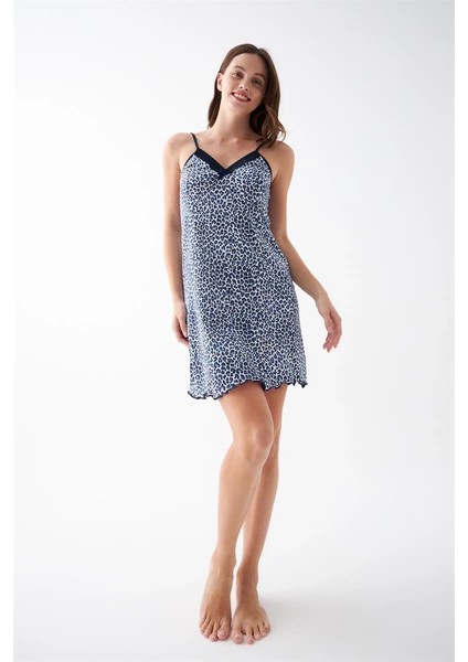 Moda Kadın Mavi Leopar Desenli Dantel Detaylı Ip Askılı Gecelik indirimleri