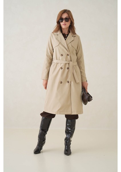 Su Geçirmez Kruvaze Yaka Sık Dokuma Kadın Trençkot
