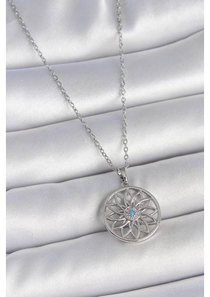 Heyf 316L Çelik Gümüş Renk Zincir Mavi Taşlı Lotus Model Kadın Kolye