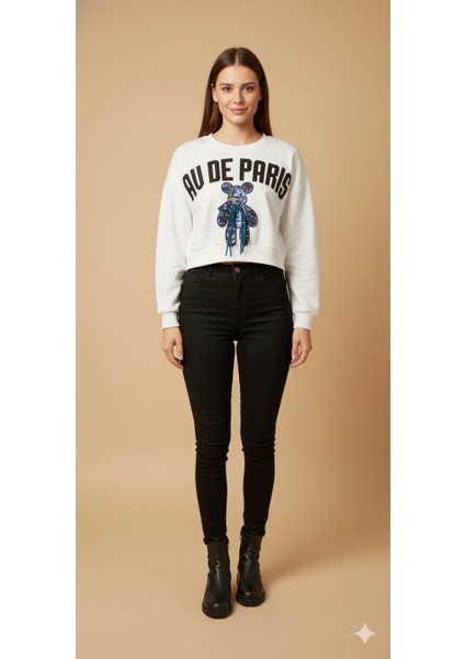 Kadın Ayı Figürlü Crop Sweat Payetli Teddy Bear Ipli Detaylı Yazılı Yuvarlak Yaka Kısa Swat