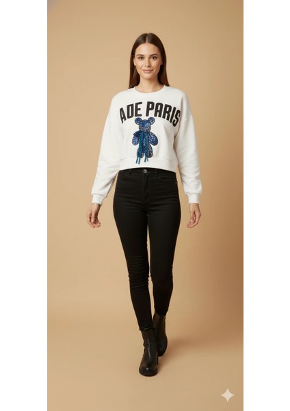 Kadın Ayı Figürlü Crop Sweat Payetli Teddy Bear Ipli Detaylı Yazılı Yuvarlak Yaka Kısa Swat fiyatları