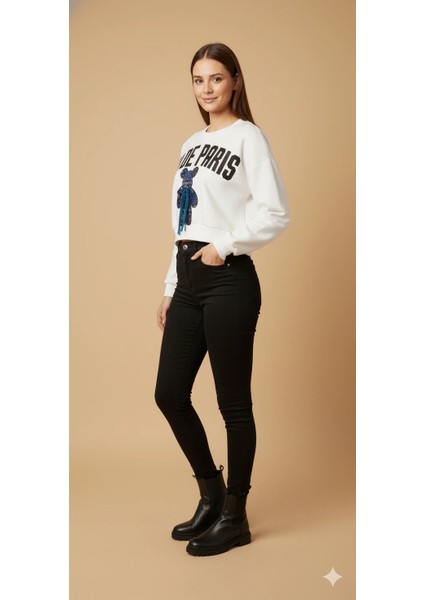 Kadın Ayı Figürlü Crop Sweat Payetli Teddy Bear Ipli Detaylı Yazılı Yuvarlak Yaka Kısa Swat modelleri