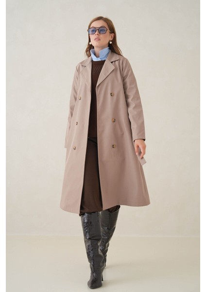 Su Geçirmez Kruvaze Yaka Sık Dokuma Kadın Trençkot