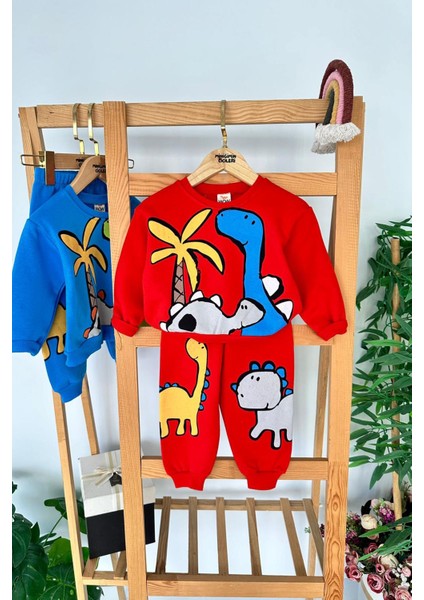 Dino Baskılı Renkli Erkek Çocuk 2 Li kışlık takım - Kırmızı