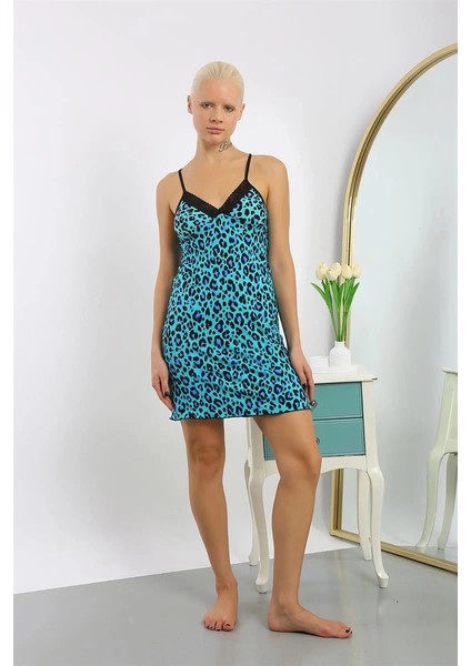 Moda Kadın Penye Su Yeşili Leopar Desenli Ip Askılı Gecelik