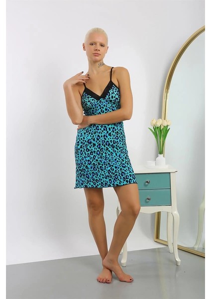 Moda Kadın Penye Su Yeşili Leopar Desenli Ip Askılı Gecelik fiyatları