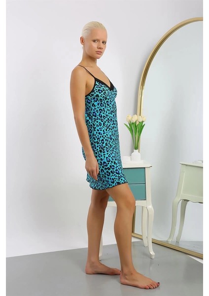 Moda Kadın Penye Su Yeşili Leopar Desenli Ip Askılı Gecelik modelleri