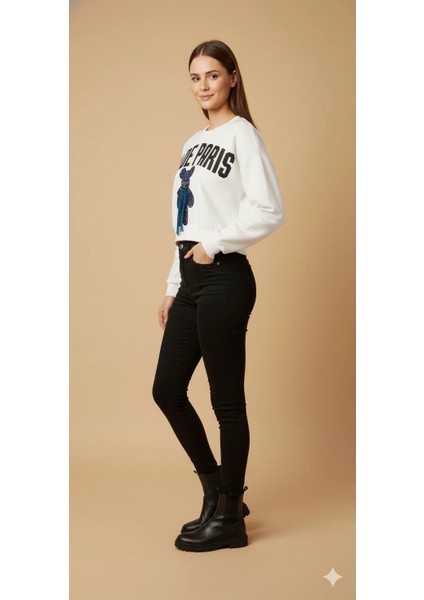 Kadın Ayı Figürlü Crop Sweat Payetli Teddy Bear Ipli Detaylı Yazılı Yuvarlak Yaka Kısa Swat fırsatları