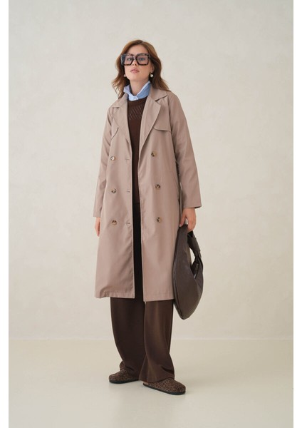 Su Geçirmez Kruvaze Yaka Sık Dokuma Kadın Trençkot