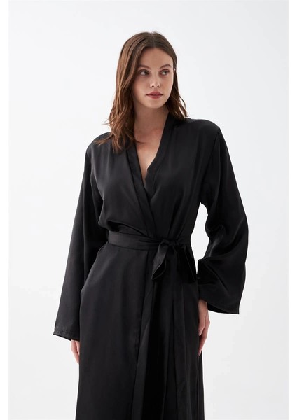 Moda Kadın Uzun Siyah Saten Sabahlık
