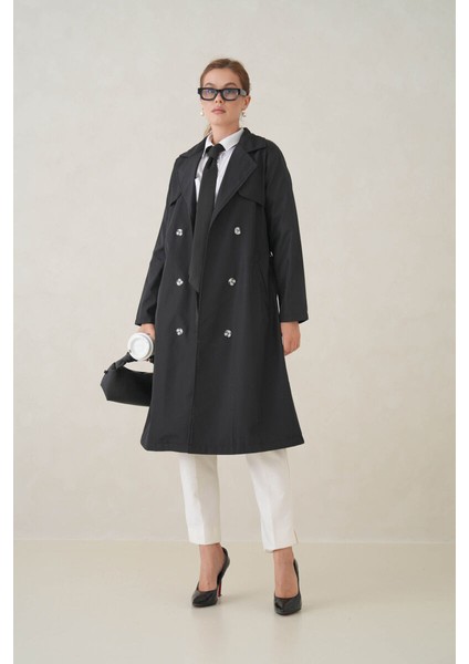 Su Geçirmez Kruvaze Yaka Sık Dokuma Kadın Trençkot