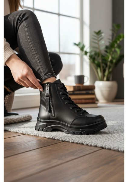 Conpax 8091 Siyah Kadın Fermuarlı & Bağcıklı Bot