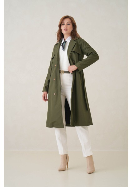 Su Geçirmez Kruvaze Yaka Sık Dokuma Kadın Trençkot